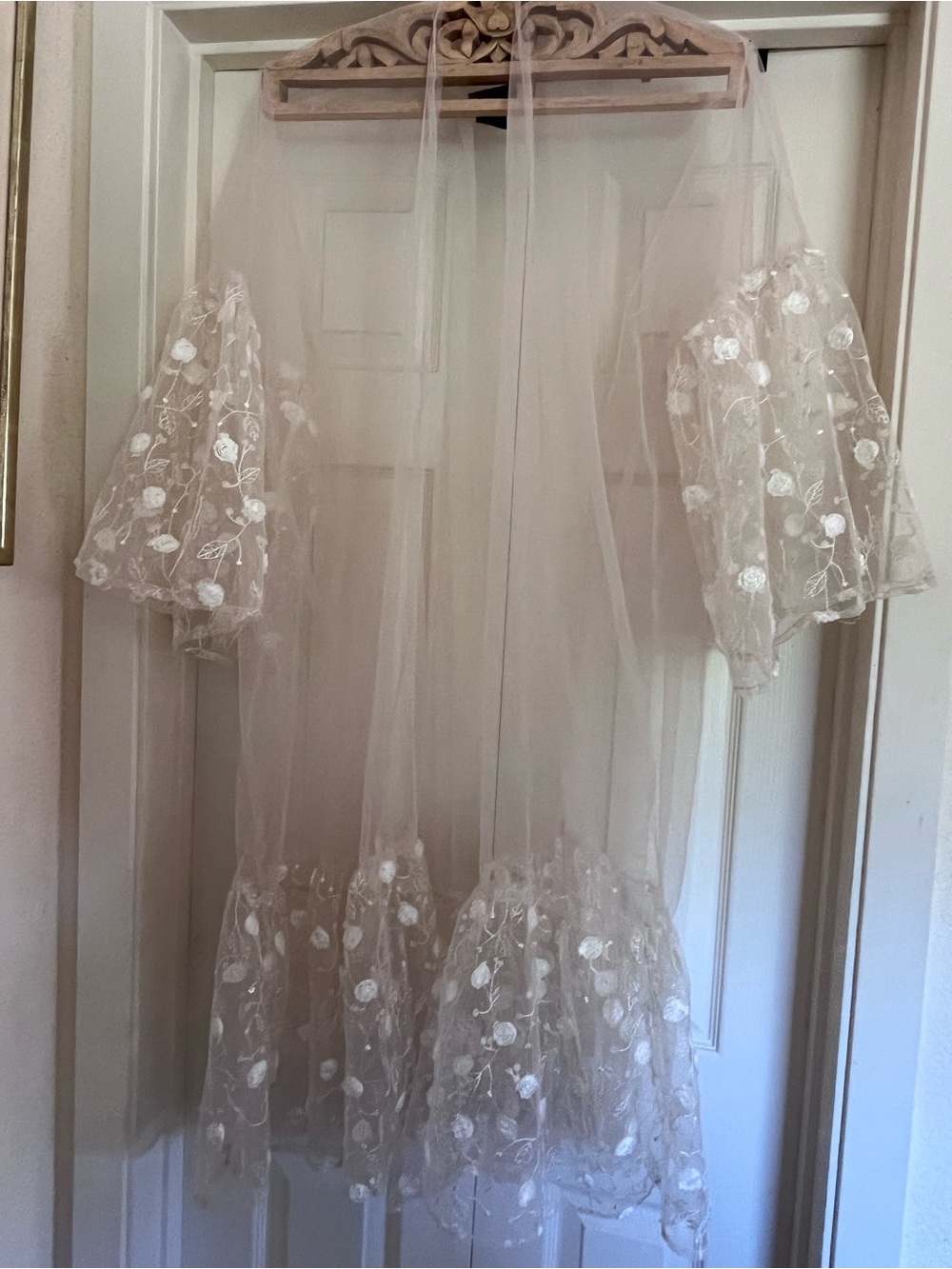Sheer Embroidered Floral Kimono Jacket in Ivory